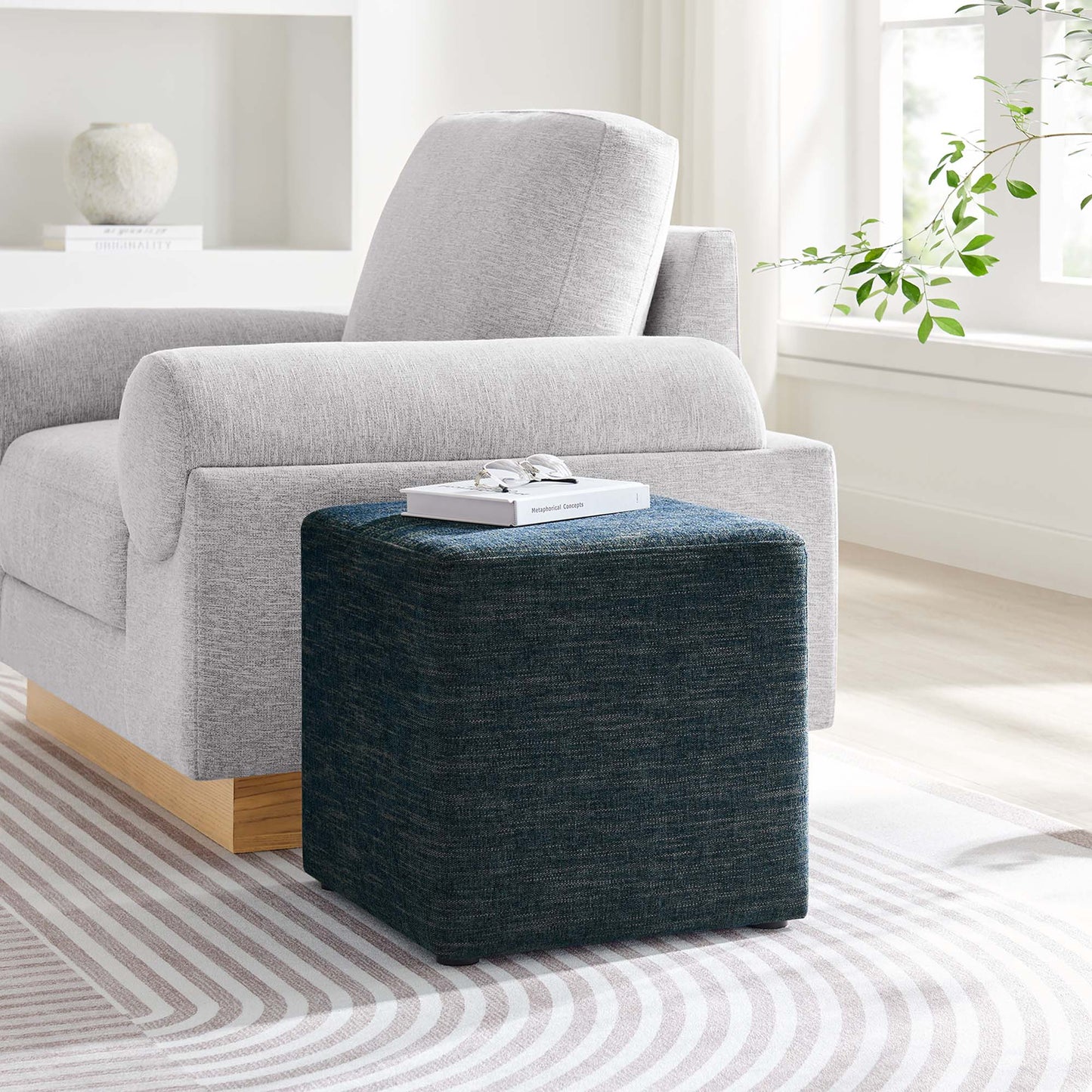 Callum 17" Square Woven Heathered Fabric Upholstered Ottoman