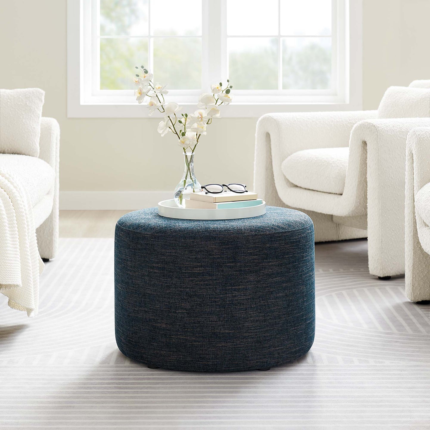 Callum Large 23" Round Woven Heathered Fabric Upholstered Ottoman