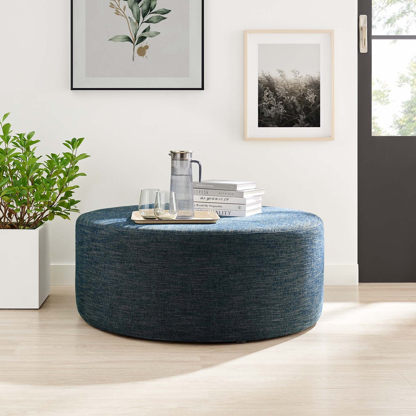 Callum Large 38" Round Woven Heathered Fabric Upholstered Ottoman