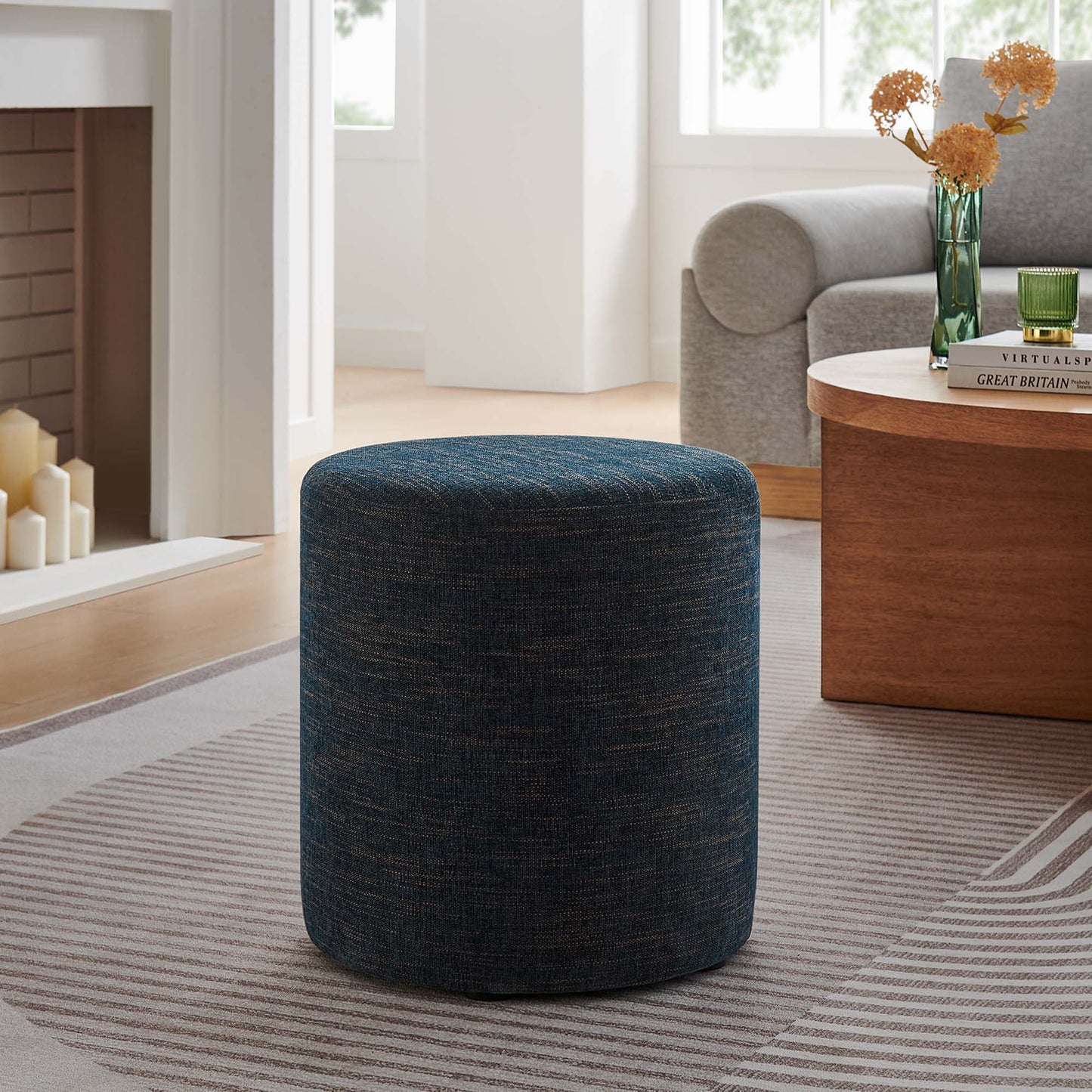 Callum 16" Round Woven Heathered Fabric Upholstered Ottoman