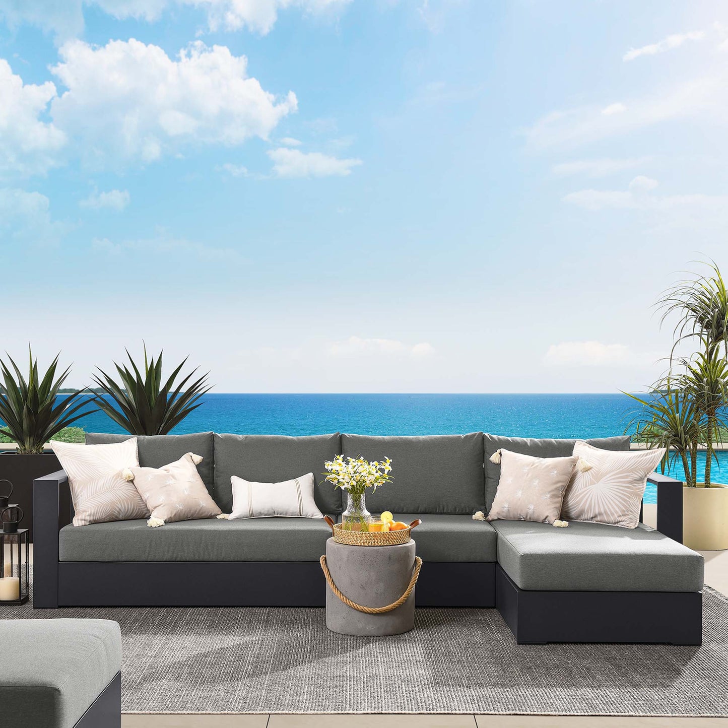 Tahoe 3-Piece Outdoor Patio Powder-Coated Aluminum Right-Facing Chaise Sectional Sofa Set