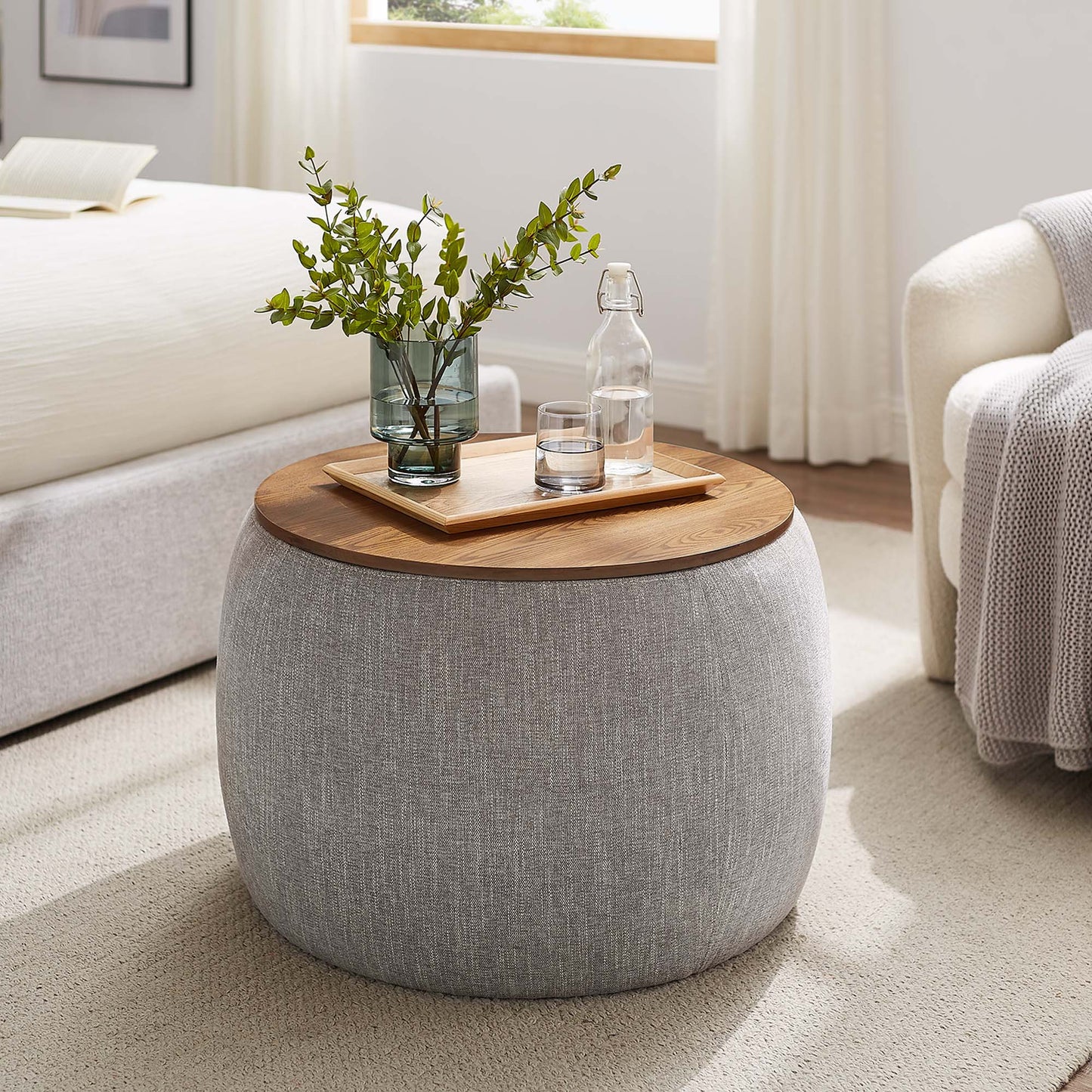 Perla Woven Heathered Fabric Upholstered Storage Ottoman