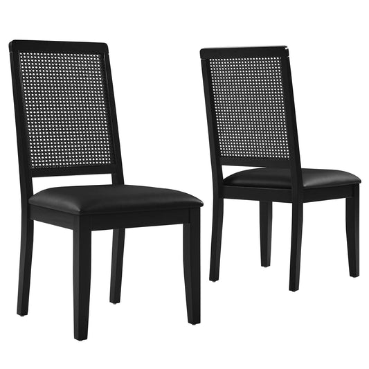 Arlo Vegan Leather Upholstered Faux Rattan and Wood Dining Side Chairs Set of 2