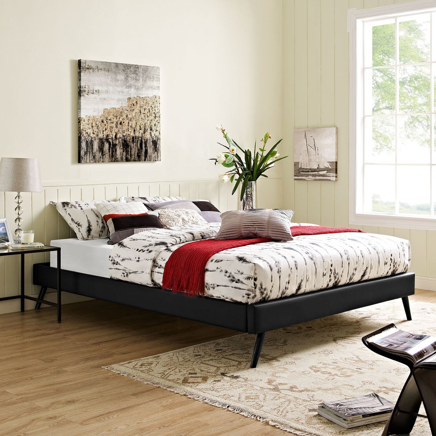 Helen Vinyl Queen Bed Frame with Round Splayed Legs