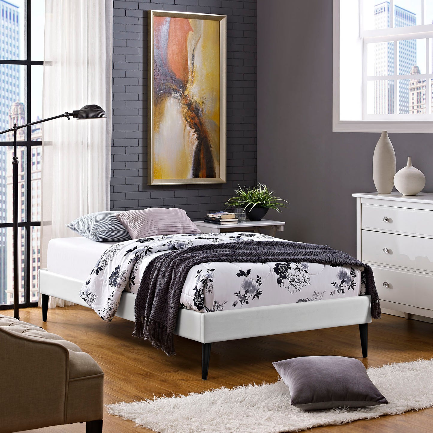 Sherry Vinyl Twin Bed Frame with Round Tapered Legs