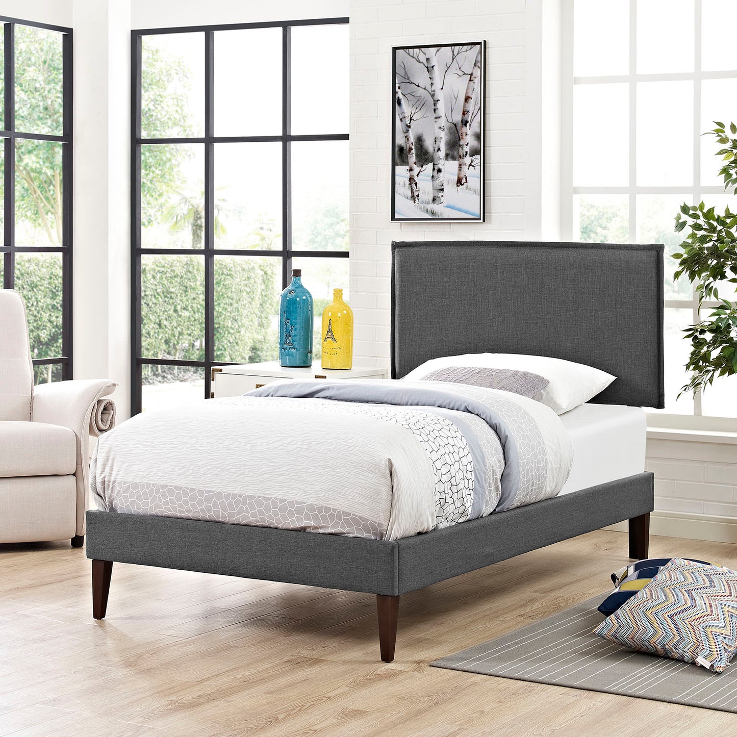 Camille Fabric Twin Platform Bed with Squared Tapered Legs