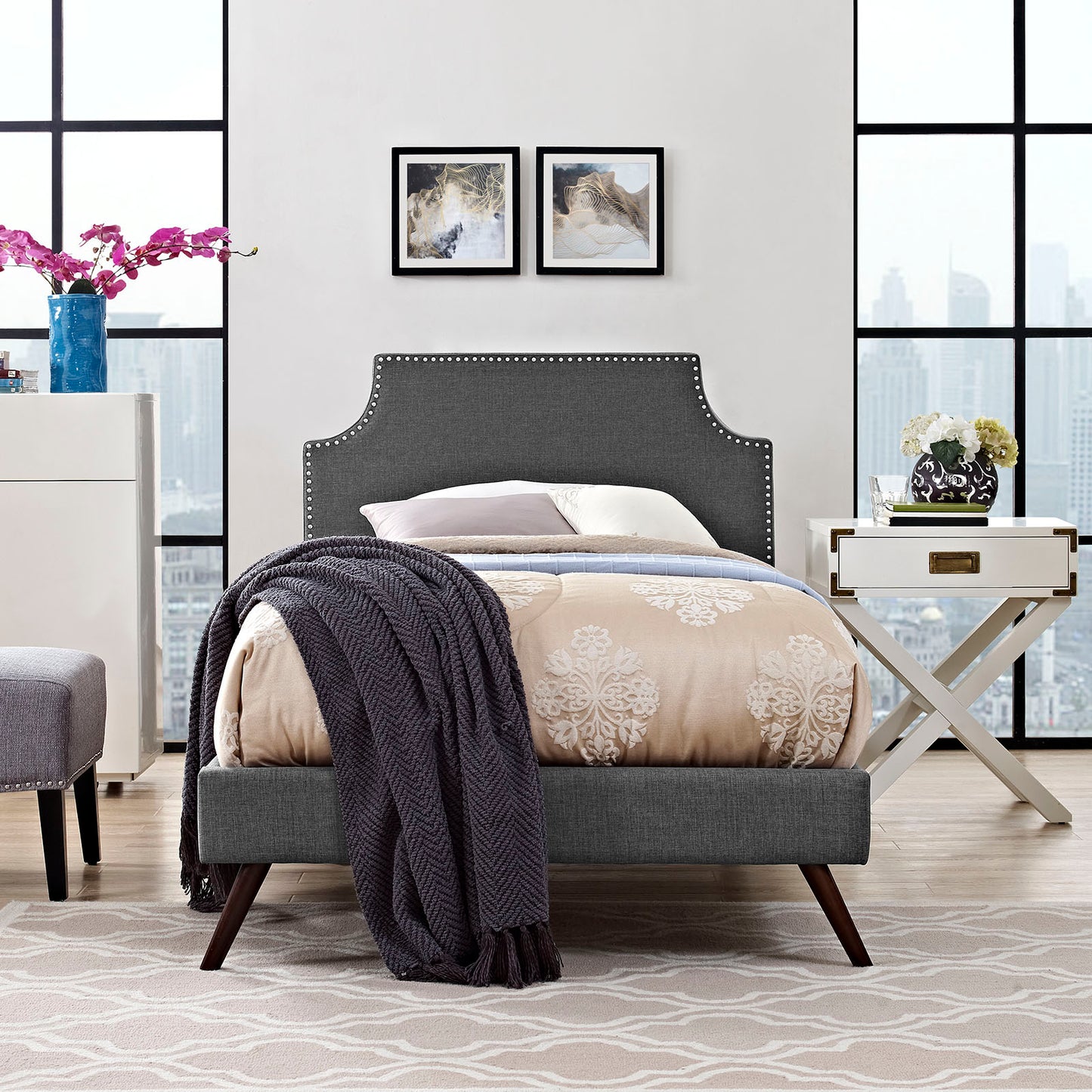 Laura Fabric Twin Platform Bed with Round Splayed Legs