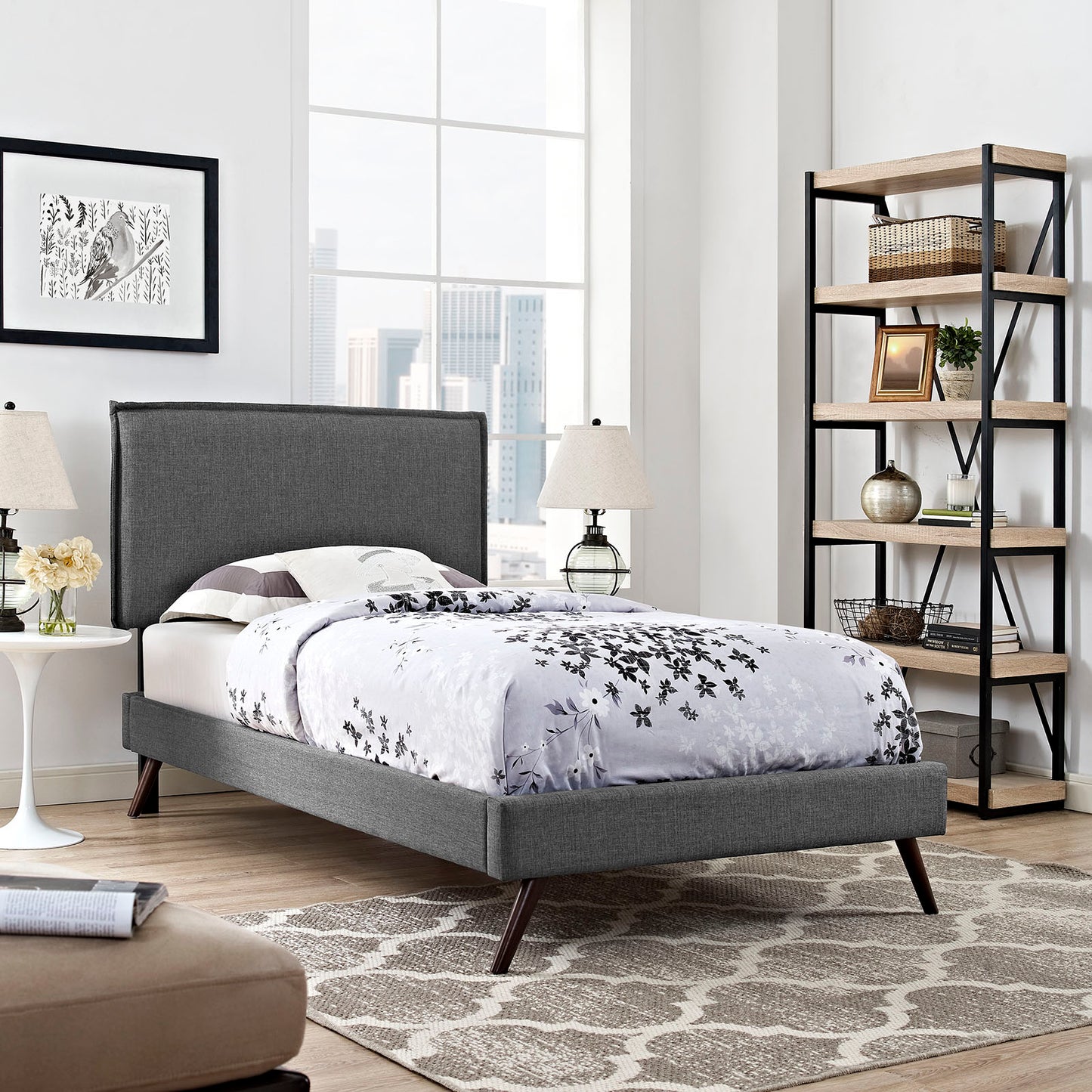 Camille Fabric Twin Platform Bed with Round Splayed Legs