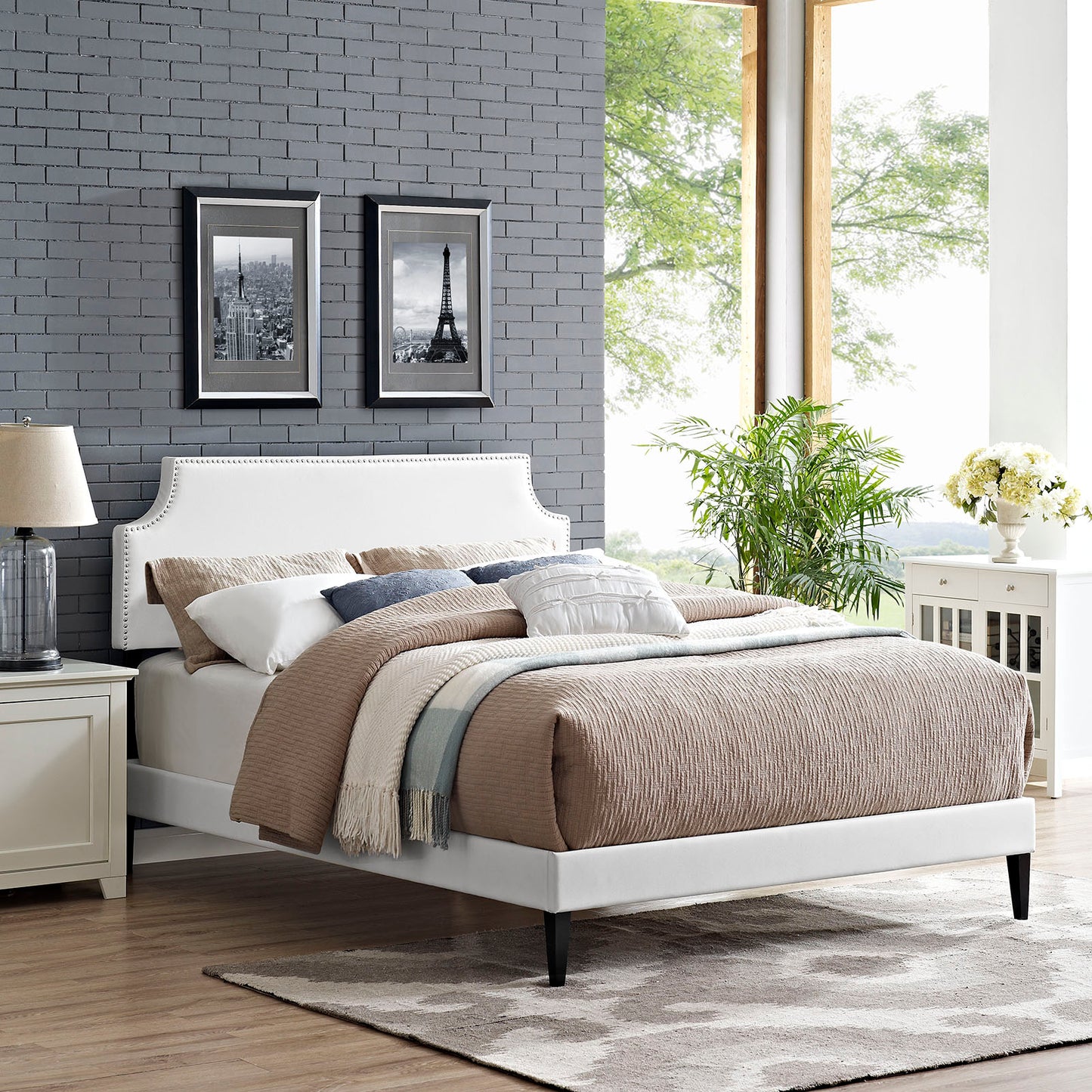 Laura Vinyl Queen Platform Bed with Squared Tapered Legs