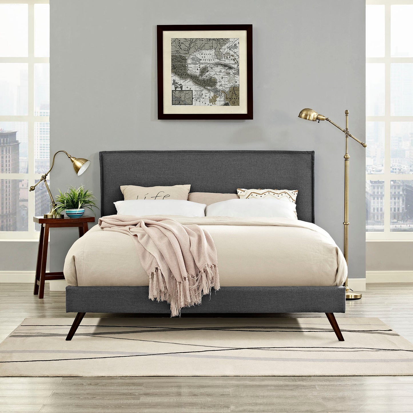 Camille Fabric Queen Platform Bed with Round Splayed Legs