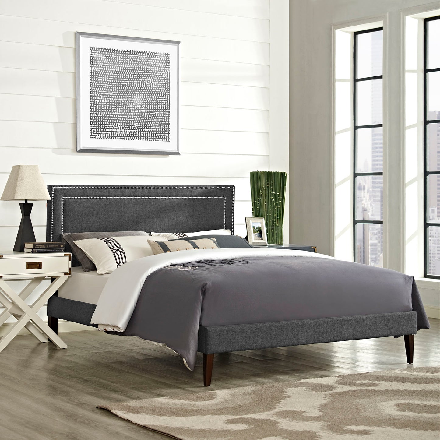 Jessamine Fabric Full Platform Bed with Squared Tapered Legs