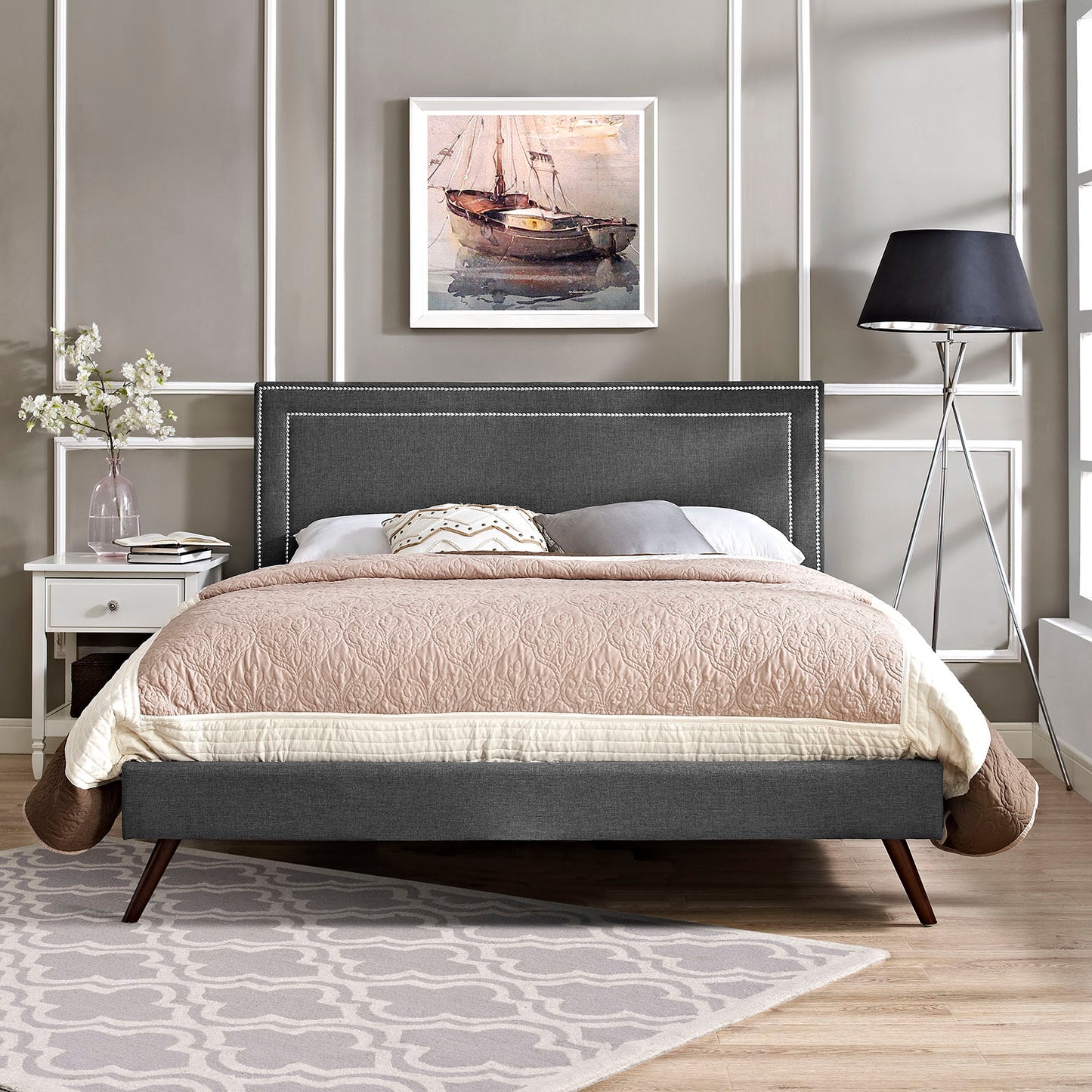 Jessamine Fabric Queen Platform Bed with Round Splayed Legs