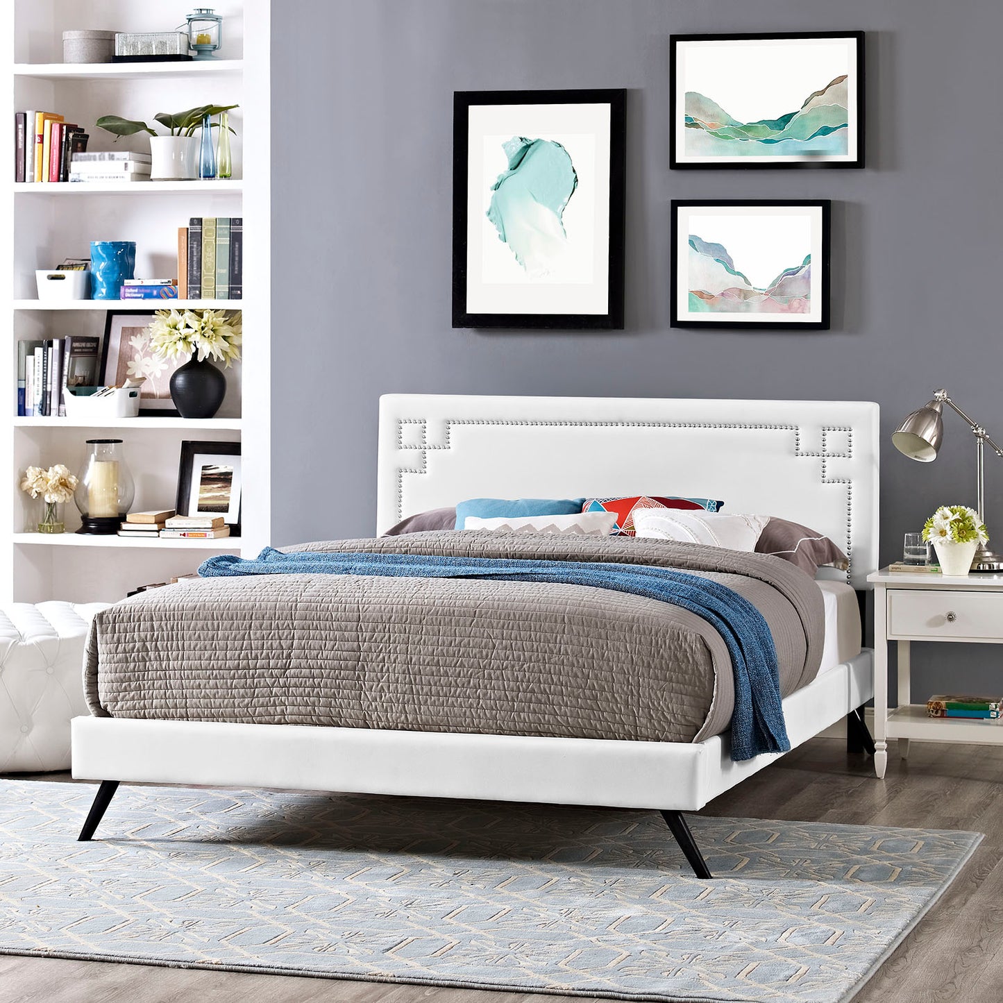 Josie Vinyl Queen Platform Bed with Round Splayed Legs