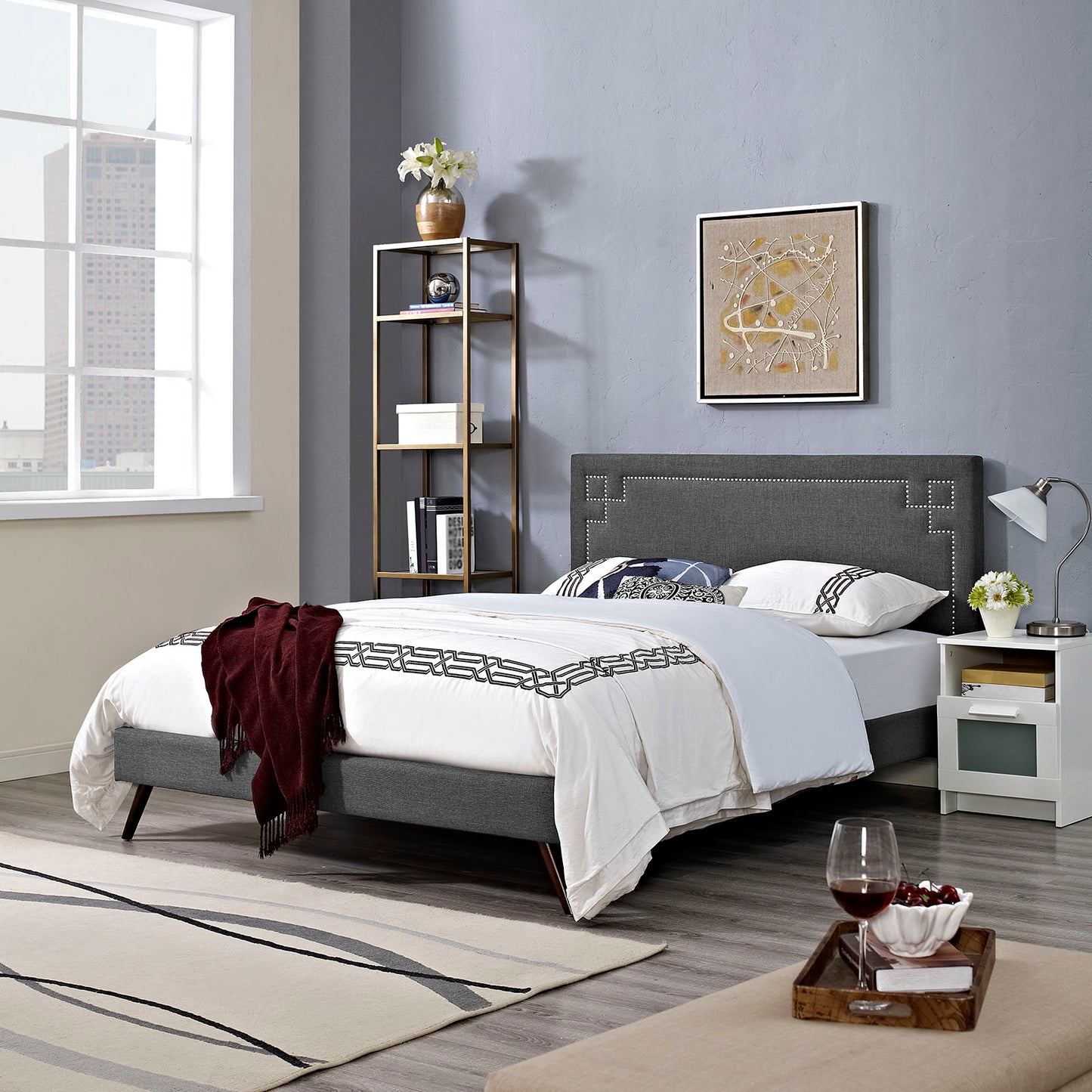 Josie Fabric Queen Platform Bed with Round Splayed Legs