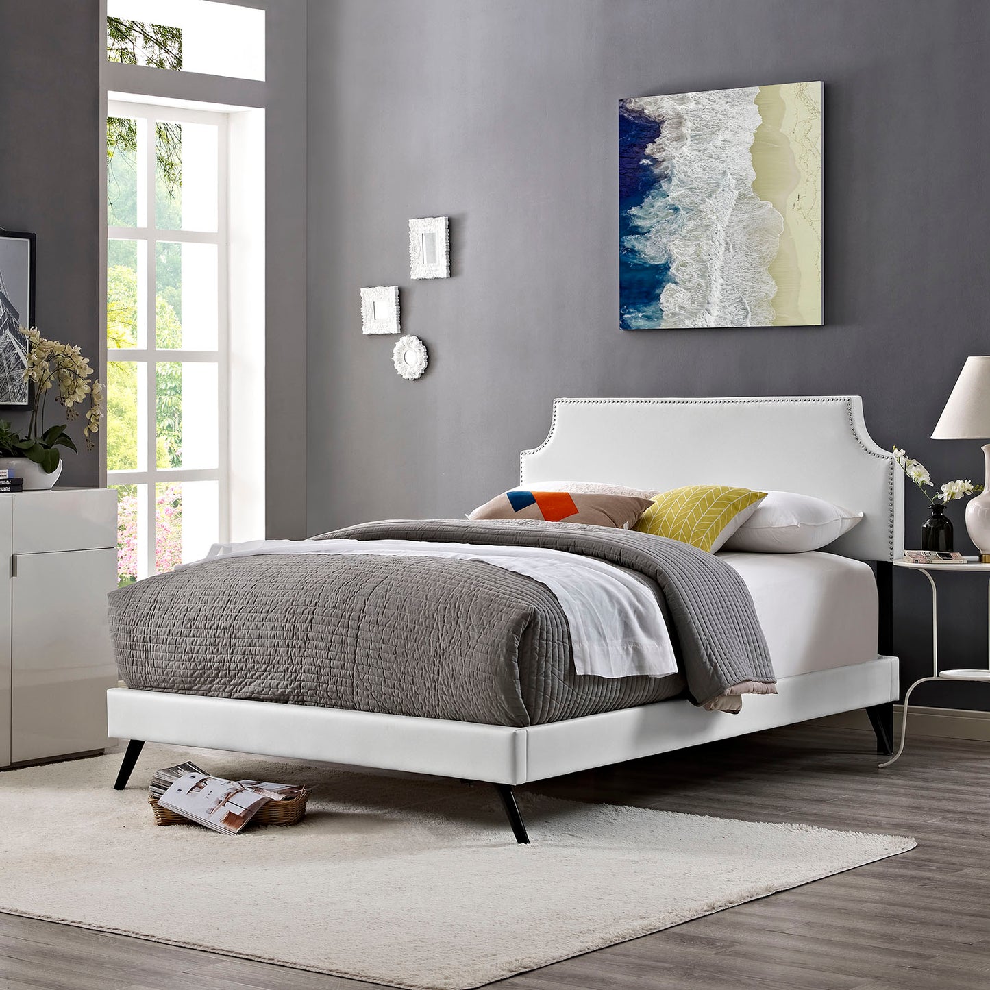 Laura Vinyl Full Platform Bed with Round Splayed Legs