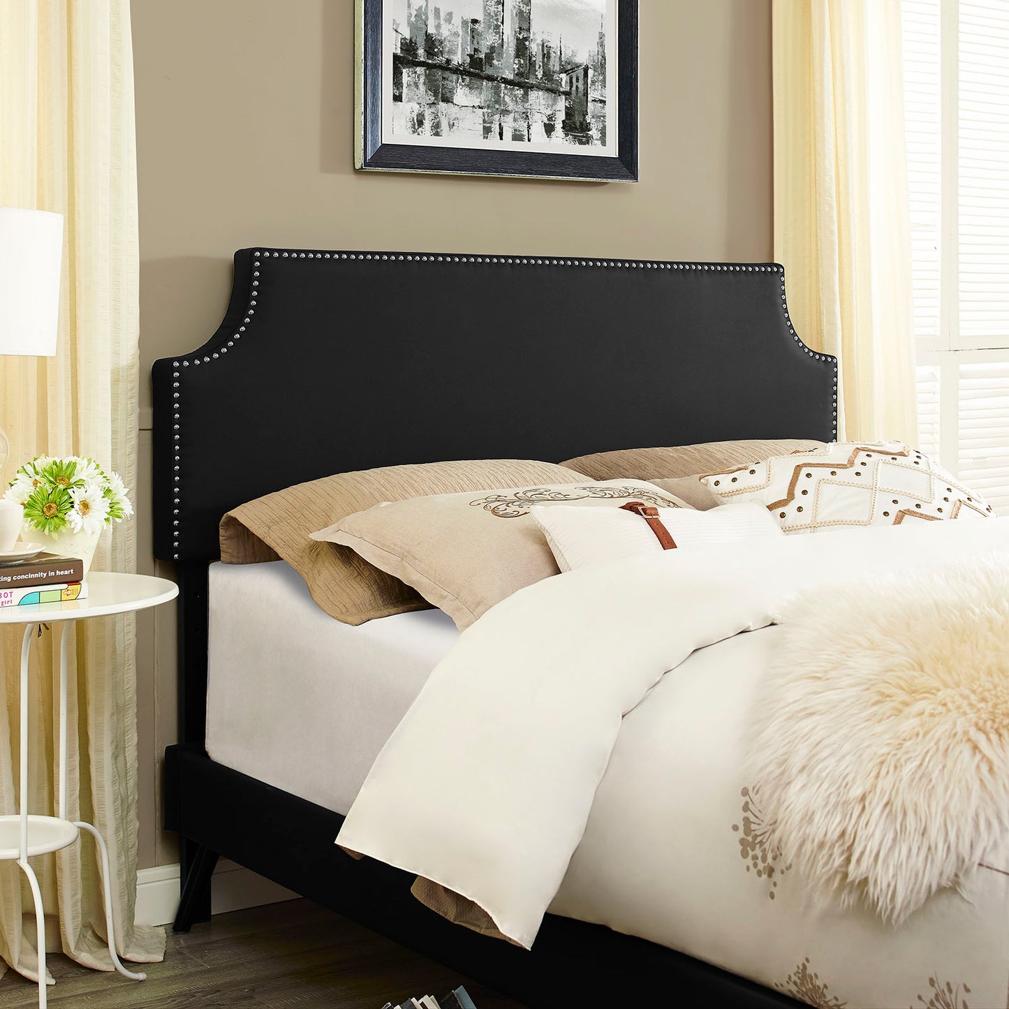 Laura Vinyl Queen Platform Bed with Round Splayed Legs