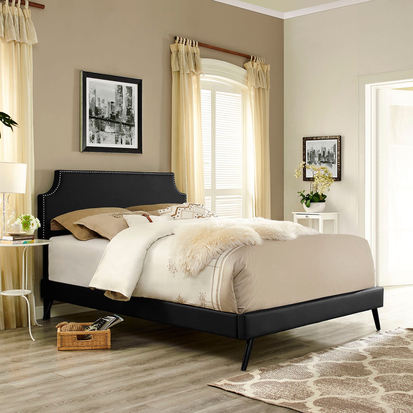 Laura Vinyl Queen Platform Bed with Round Splayed Legs