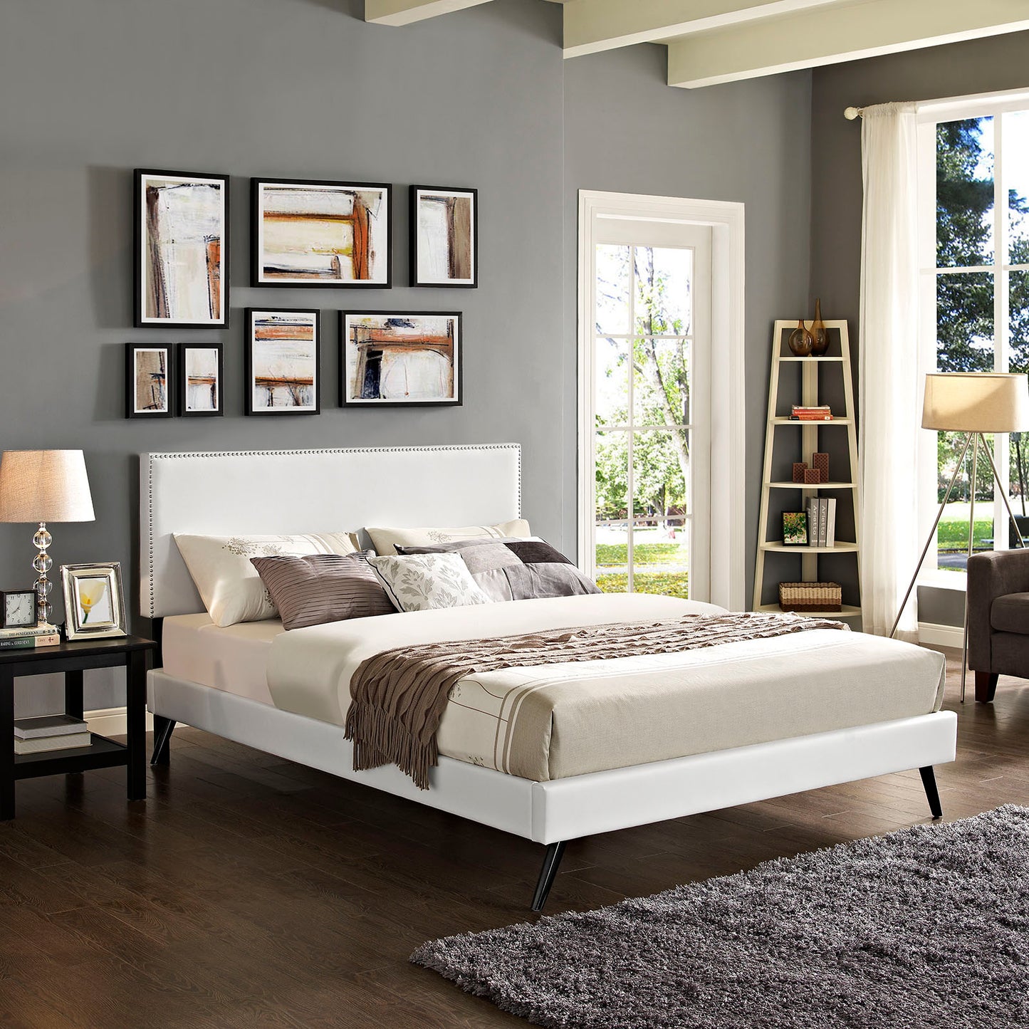 Phoebe Vinyl Full Platform Bed with Round Splayed Legs