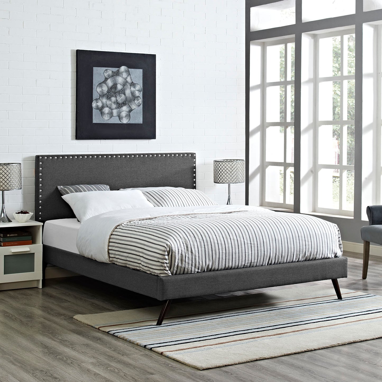 Phoebe Fabric Queen Platform Bed with Round Splayed Legs