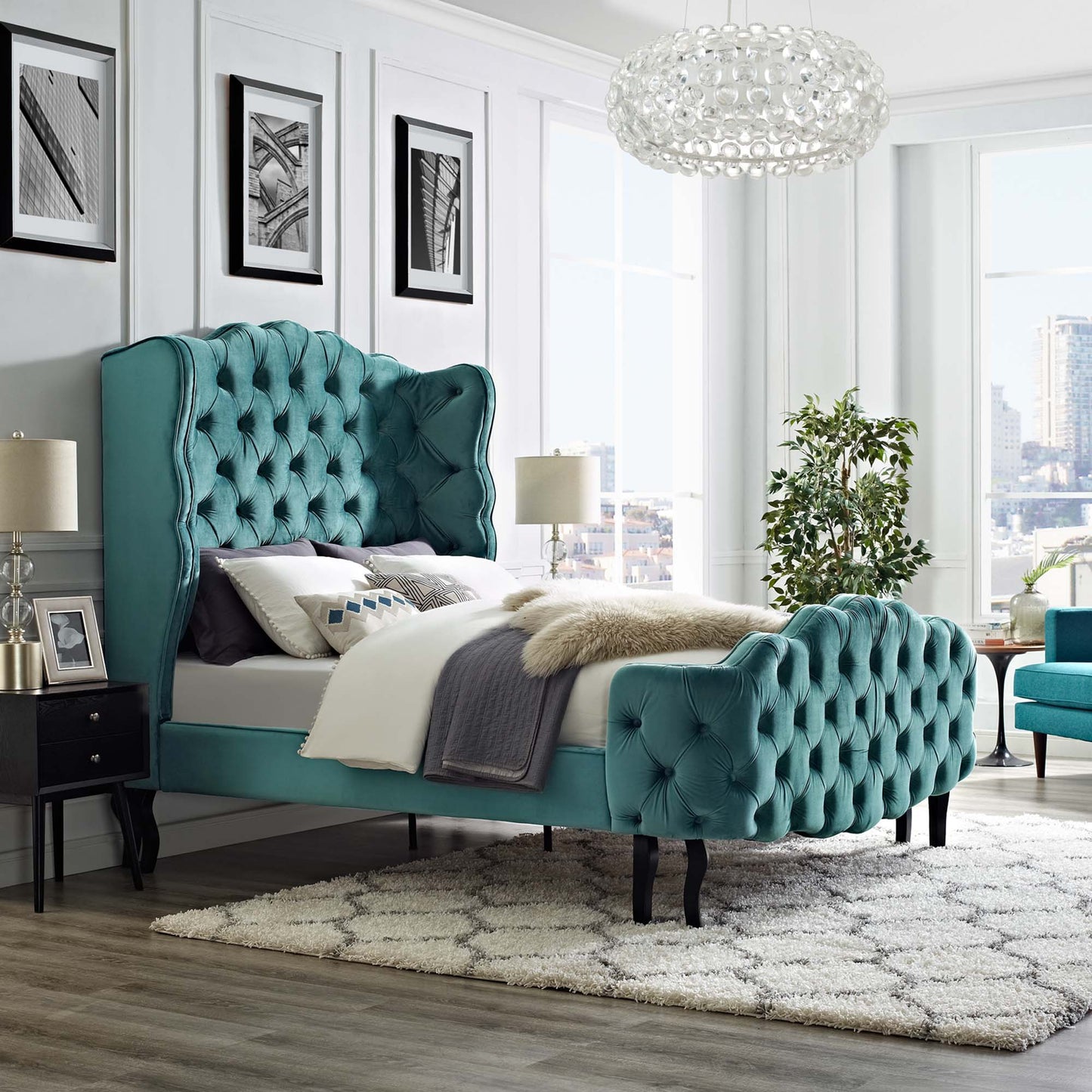 Violette Tufted Wingback Performance Velvet Queen Platform Bed