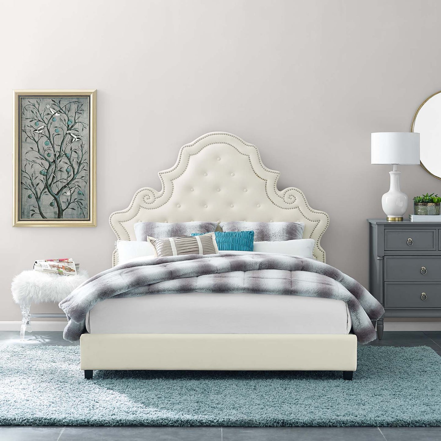 Valentina Tufted Nailhead Performance Velvet Queen Platform Bed