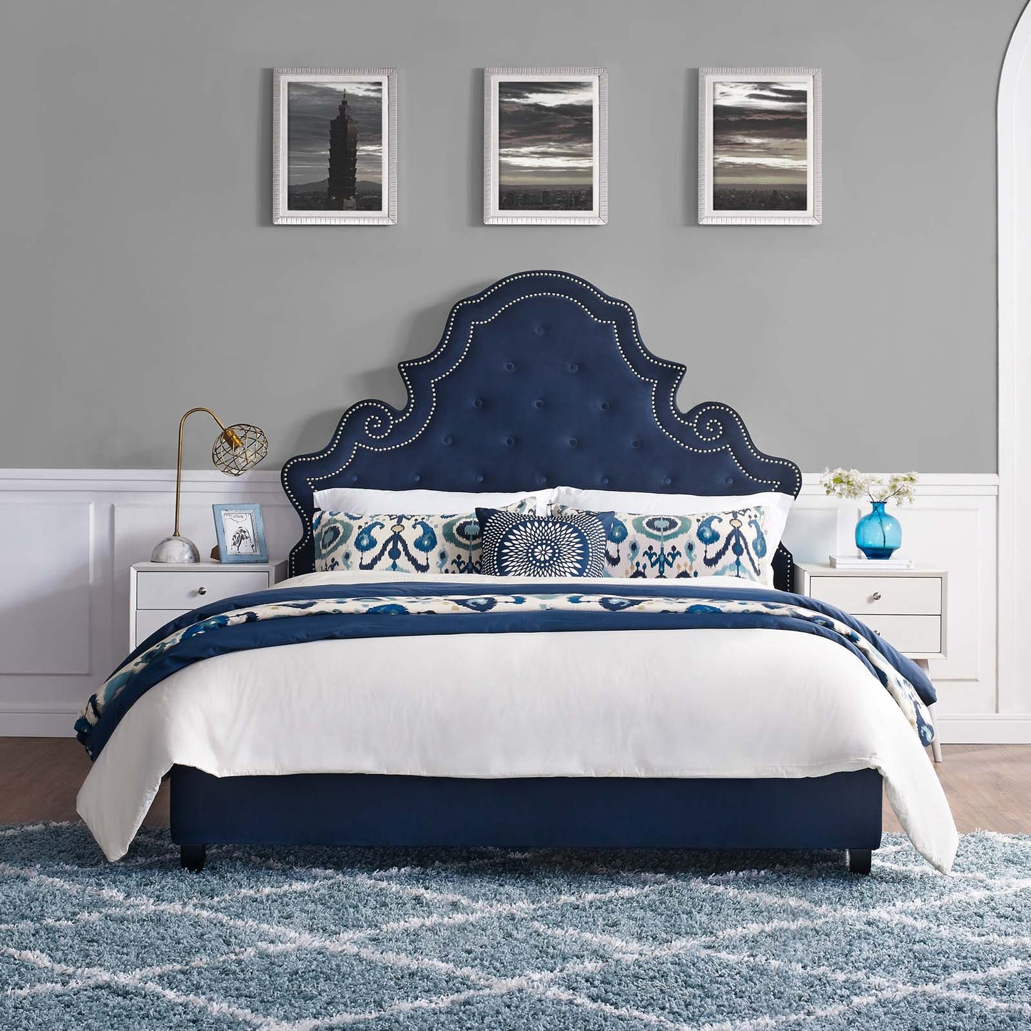 Valentina Tufted Nailhead Performance Velvet Queen Platform Bed