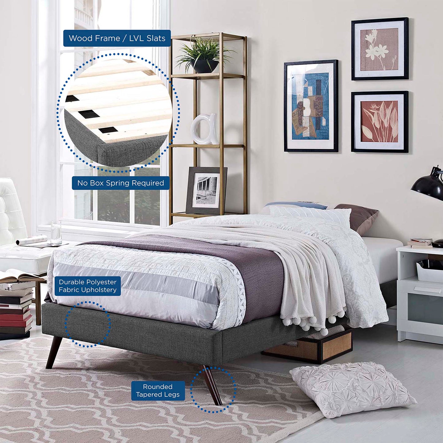 Loryn Fabric Twin Bed Frame with Round Splayed Legs