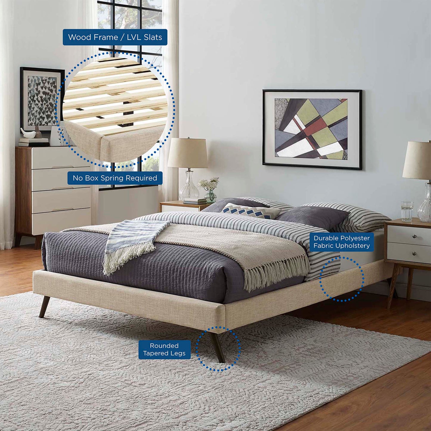 Loryn Fabric Full Bed Frame with Round Splayed Legs