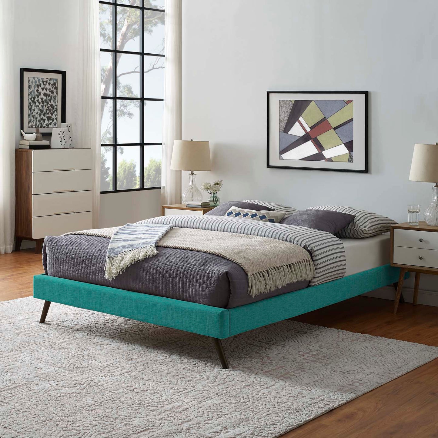 Loryn Fabric Queen Bed Frame with Round Splayed Legs