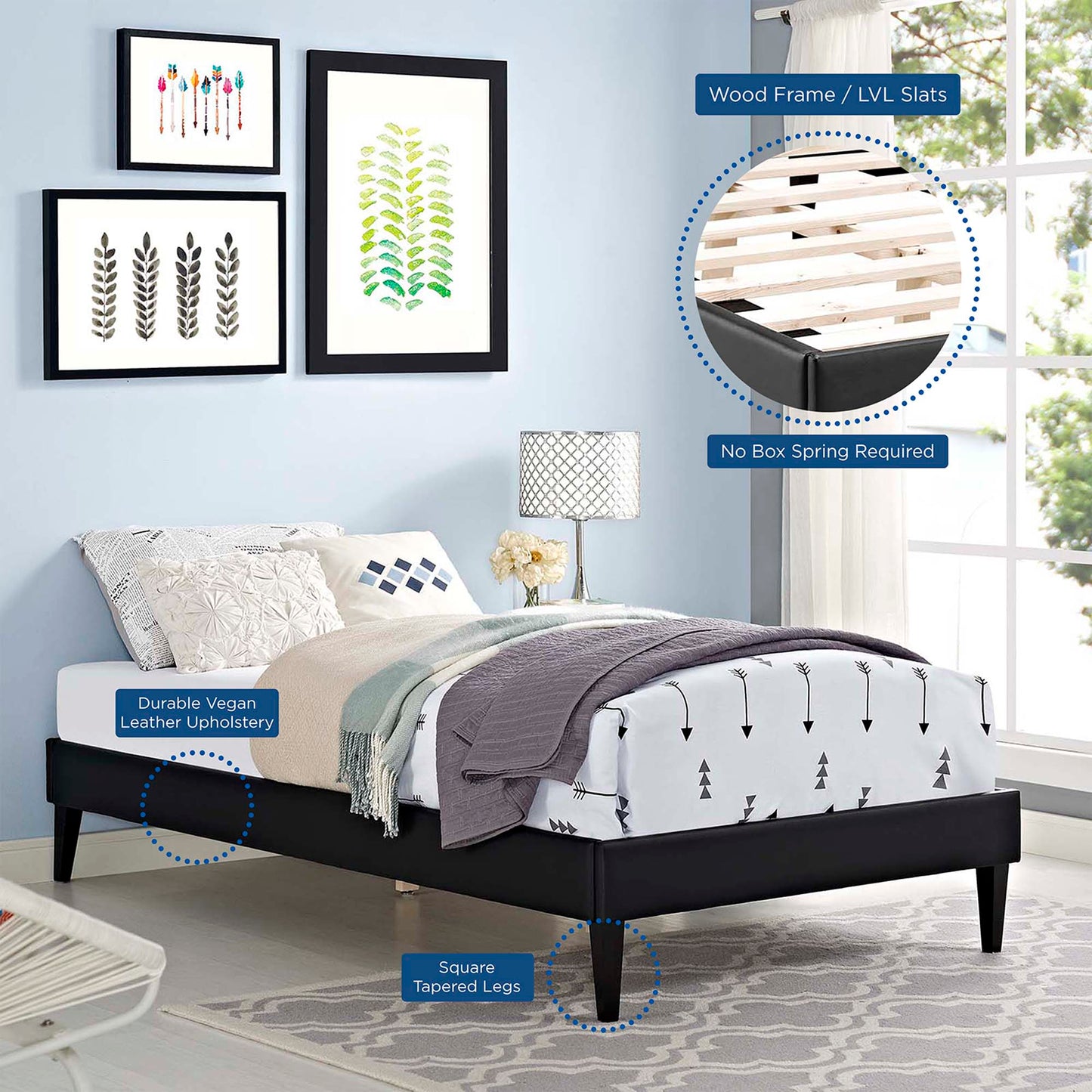 Tessie Vinyl Twin Bed Frame with Squared Tapered Legs