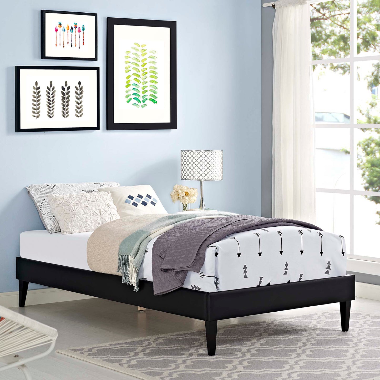 Tessie Vinyl Twin Bed Frame with Squared Tapered Legs