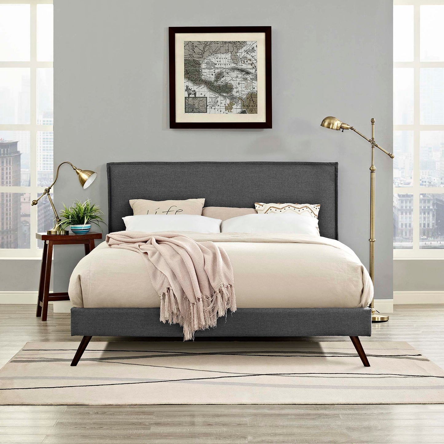 Amaris Fabric Queen Platform Bed with Round Splayed Legs