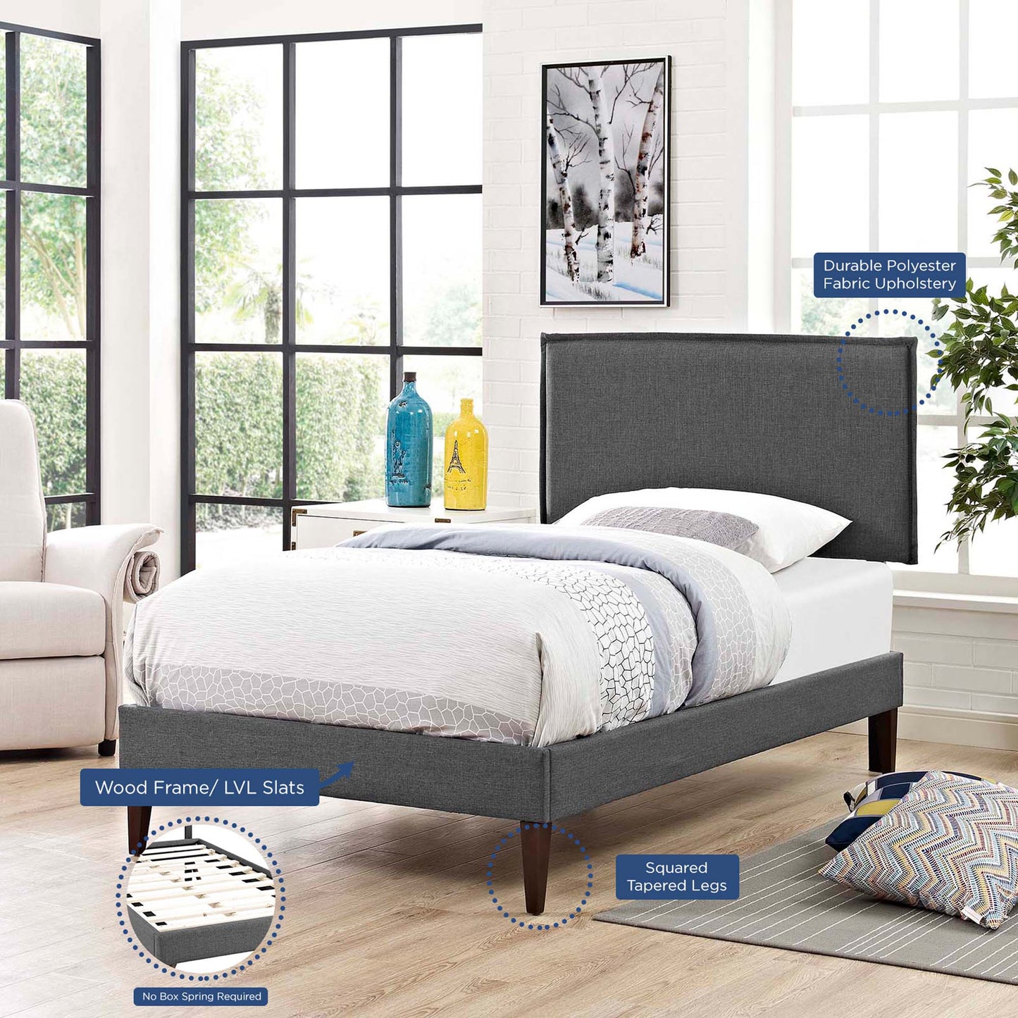 Amaris Fabric Twin Platform Bed with Squared Tapered Legs