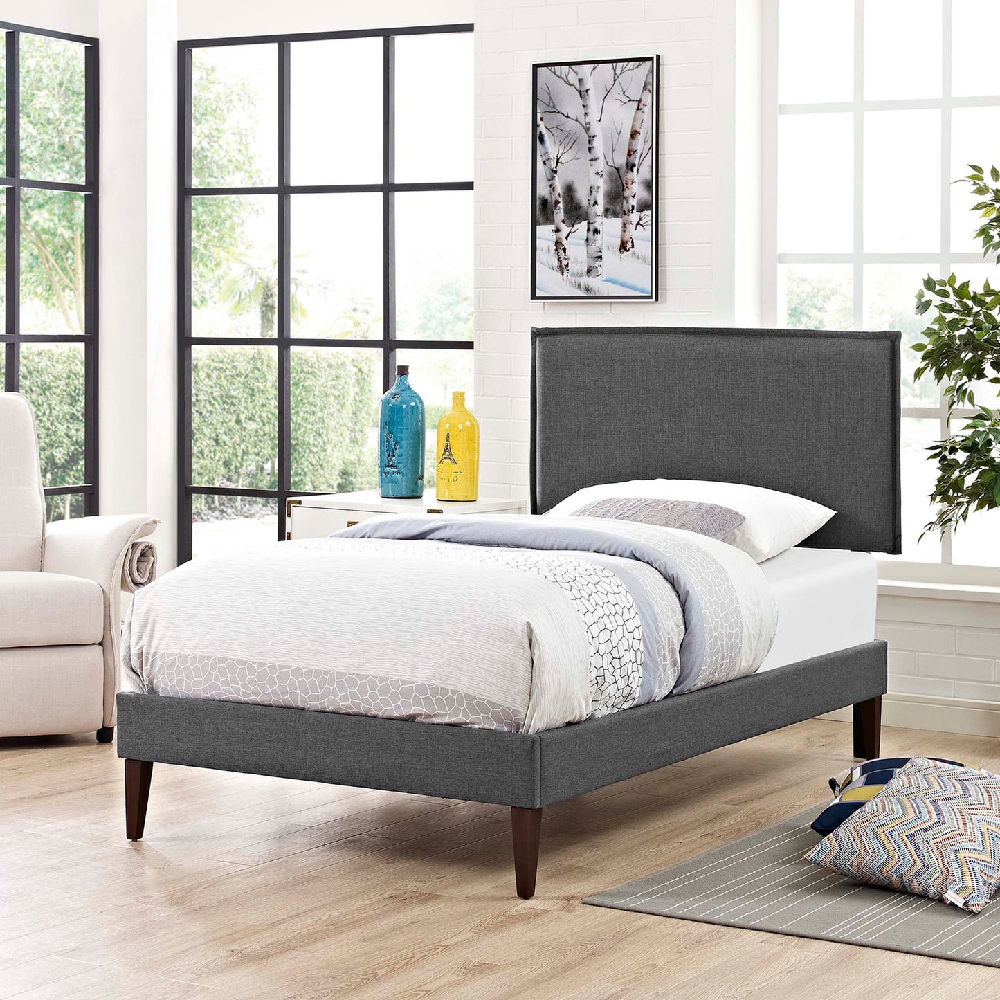 Amaris Fabric Twin Platform Bed with Squared Tapered Legs