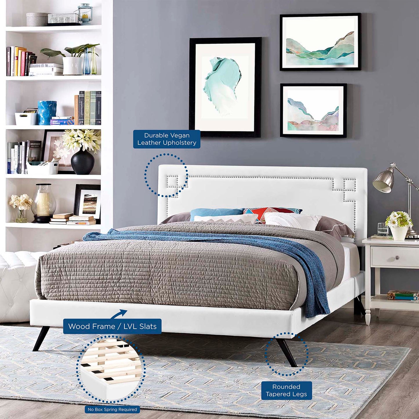 Ruthie Vinyl Full Platform Bed with Round Splayed Legs