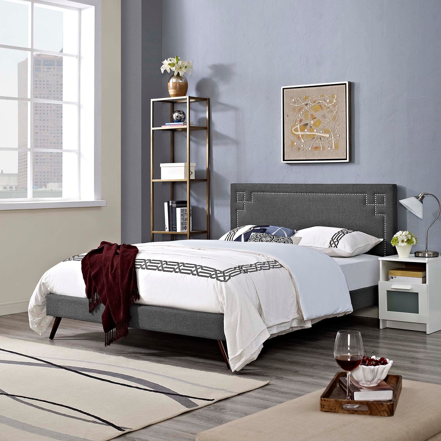 Ruthie Fabric Queen Platform Bed with Round Splayed Legs