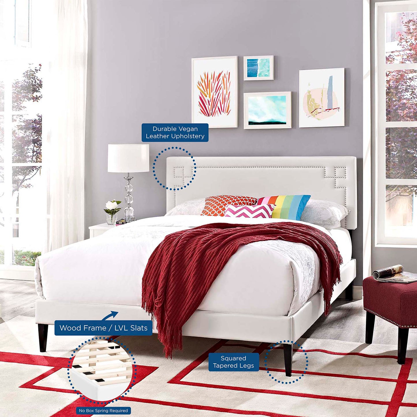 Ruthie Vinyl Queen Platform Bed with Squared Tapered Legs