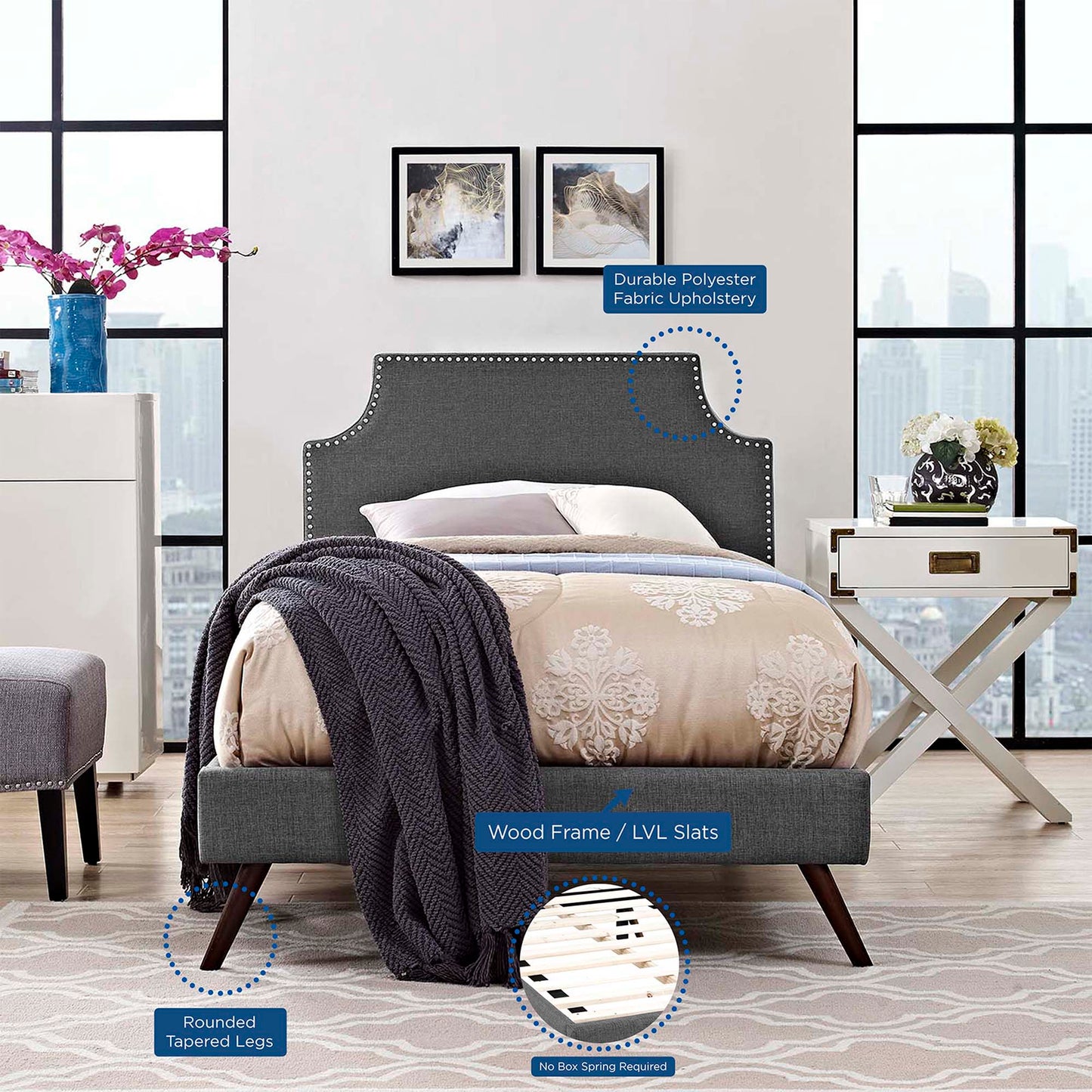 Corene Fabric Twin Platform Bed with Round Splayed Legs