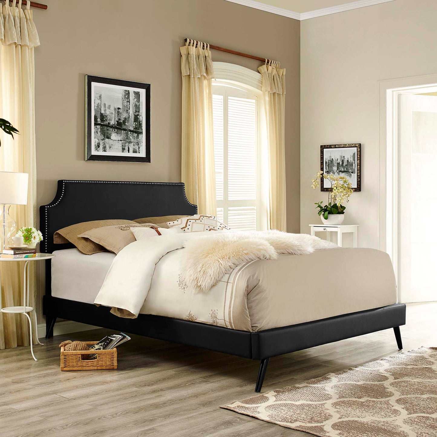 Corene Vinyl Queen Platform Bed with Round Splayed Legs