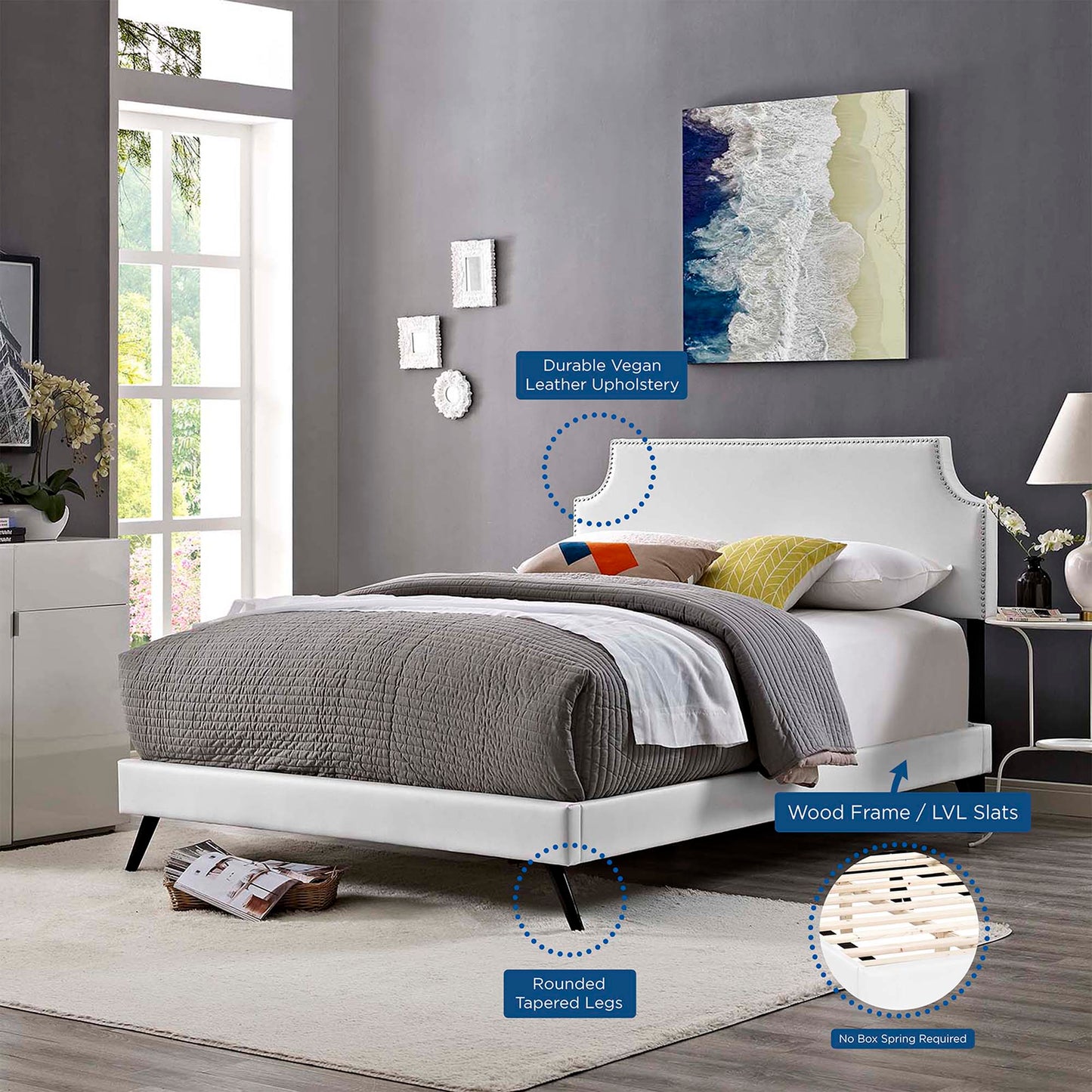 Corene Vinyl Queen Platform Bed with Round Splayed Legs