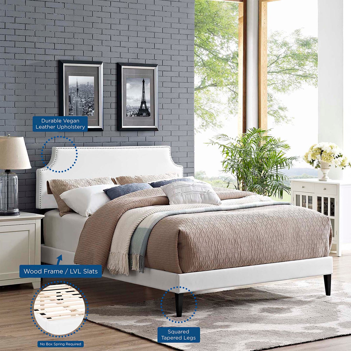 Corene Vinyl Queen Platform Bed with Squared Tapered Legs