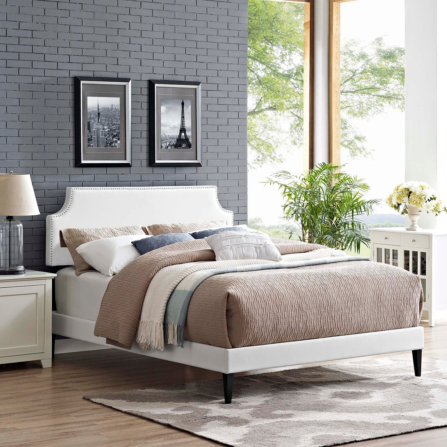 Corene Vinyl Queen Platform Bed with Squared Tapered Legs