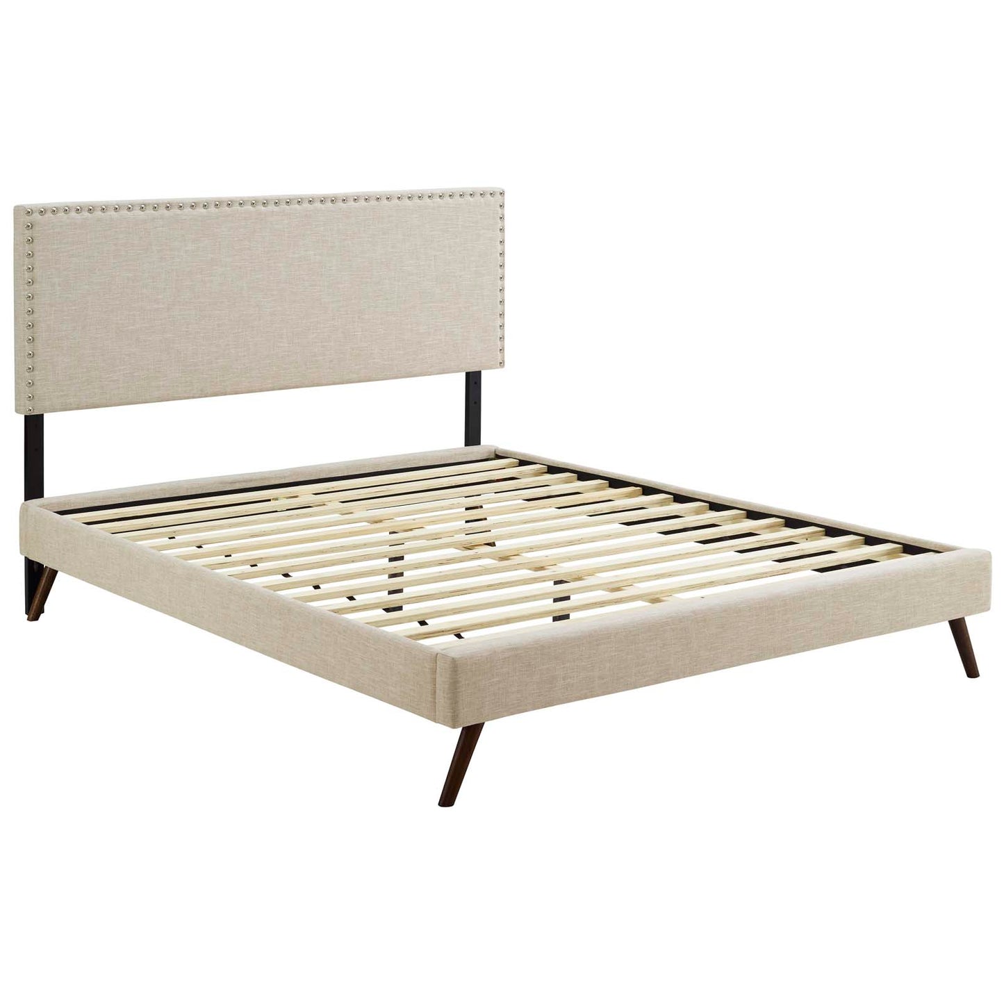 Cama Queen con plataforma de tela Macie y patas redondas acampanadas de Modway