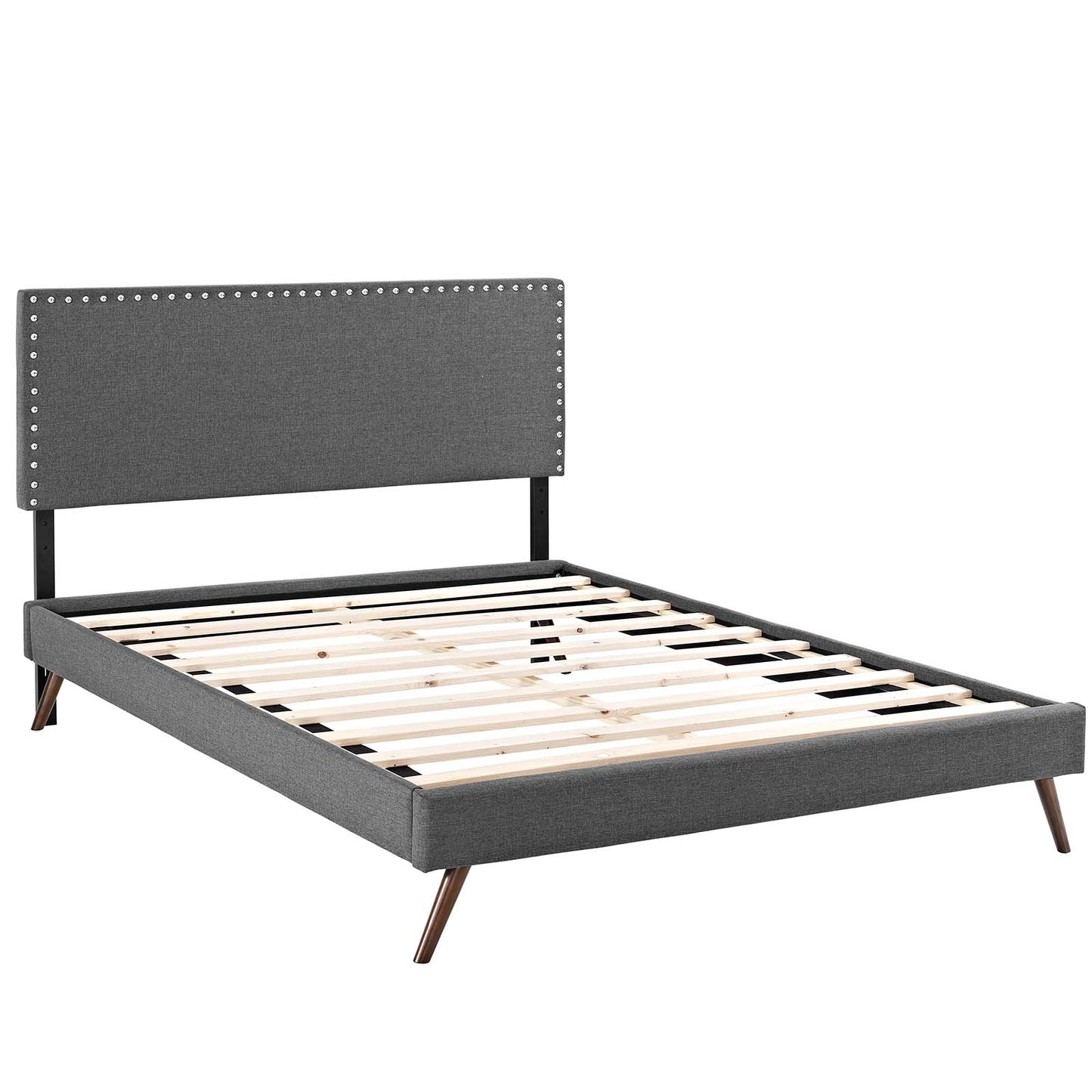 Cama Queen con plataforma de tela Macie y patas redondas acampanadas de Modway