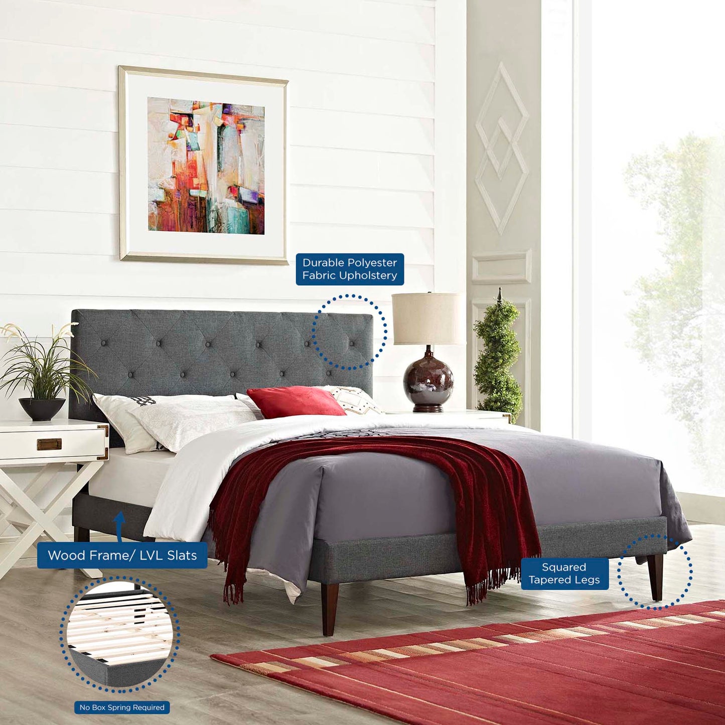 Tarah Fabric King Platform Bed with Squared Tapered Legs