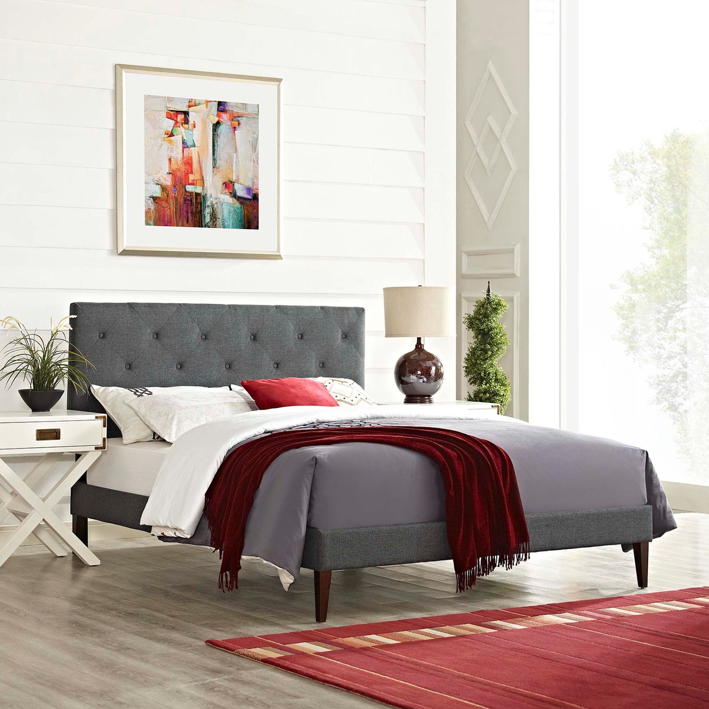 Tarah Fabric King Platform Bed with Squared Tapered Legs