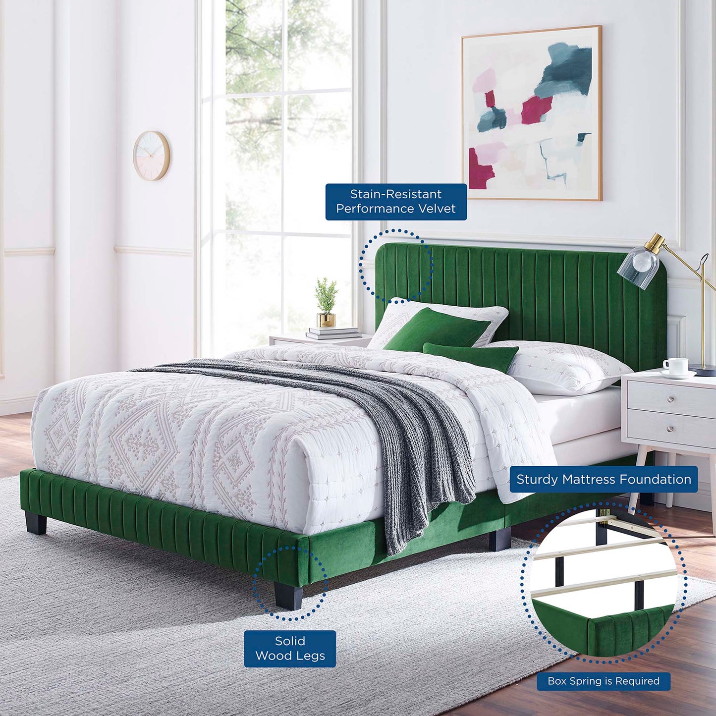 Cama tamaño queen con mechones de terciopelo de alto rendimiento Celine Channel de Modway