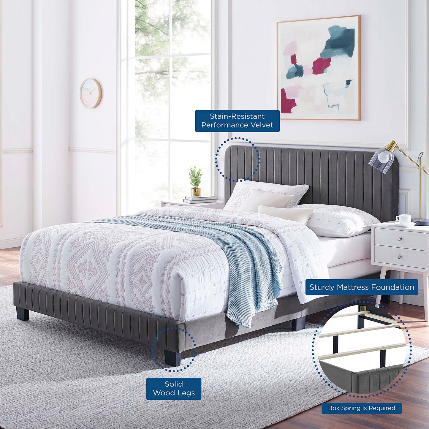 Cama tamaño queen con mechones de terciopelo de alto rendimiento Celine Channel de Modway