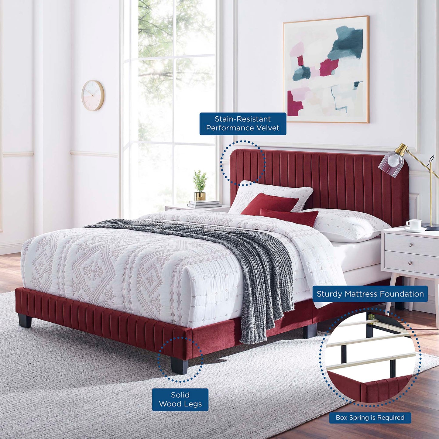 Cama tamaño queen con mechones de terciopelo de alto rendimiento Celine Channel de Modway