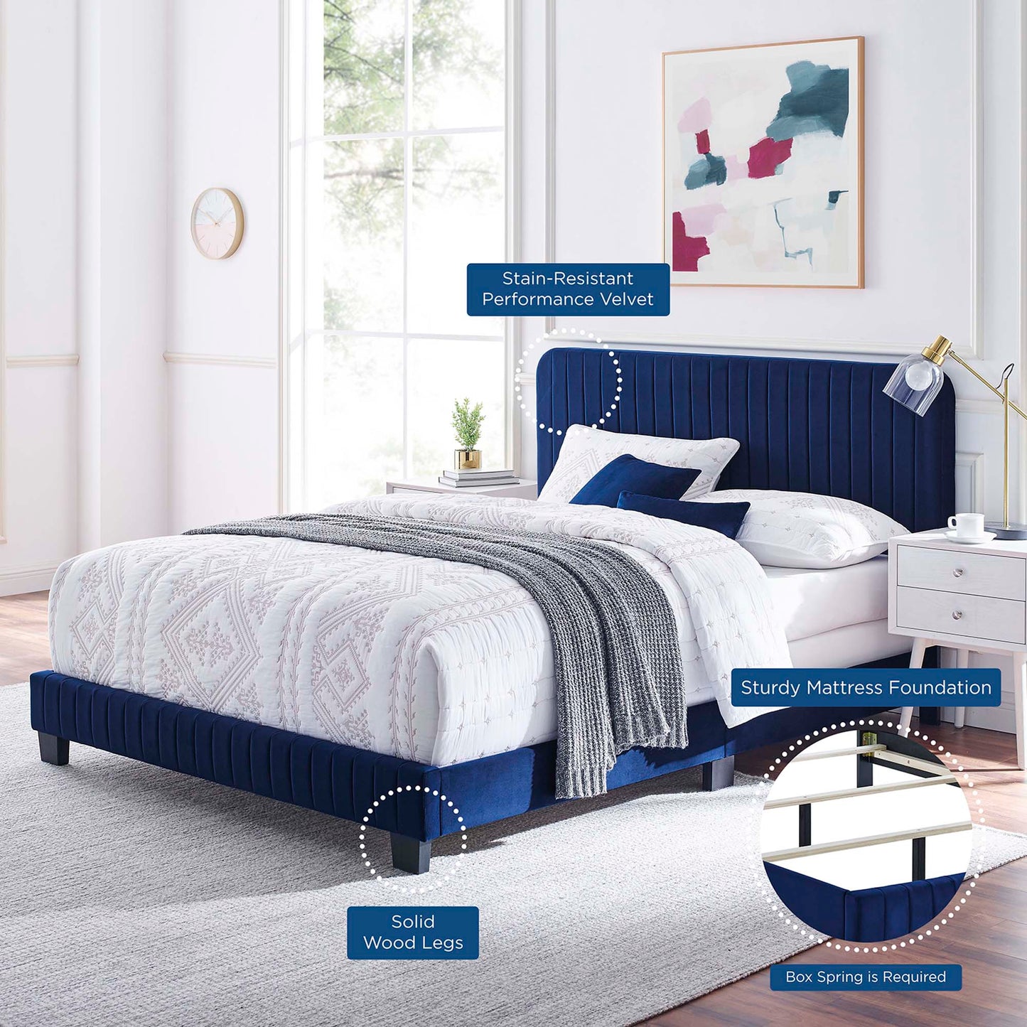 Cama tamaño queen con mechones de terciopelo de alto rendimiento Celine Channel de Modway